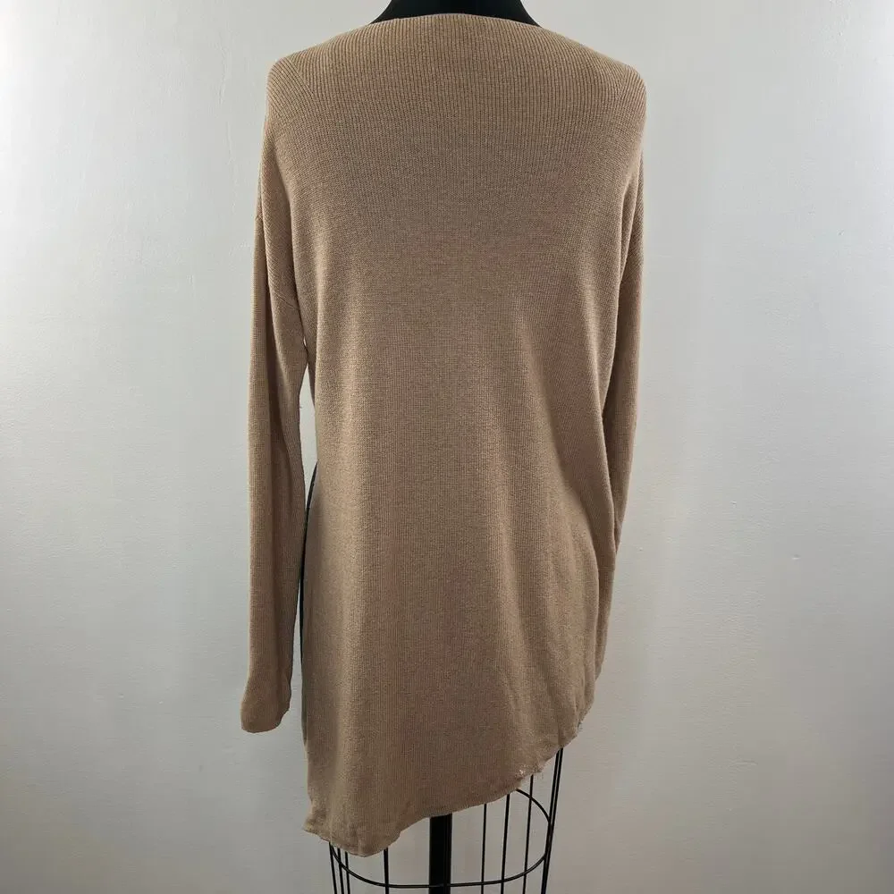 EILEEN FISHER Tan Camel Merino Wool Wide Neck Asymmetrical Pullover Sweater PS